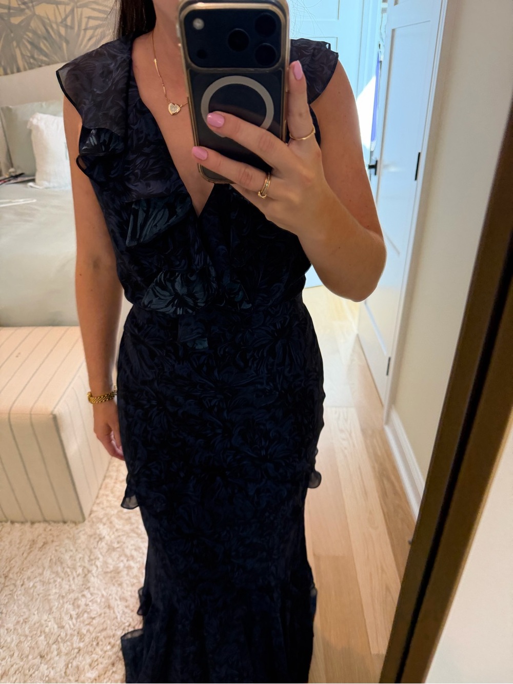 SALONI Midnight Navy Floral Ruffle Maxi Dress